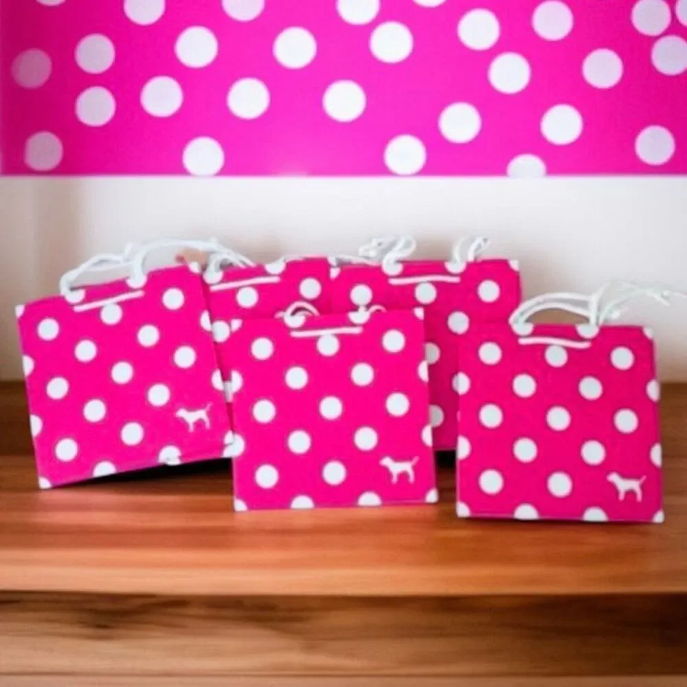 New 4 Victoria's Secret PINK Polka Dots 8”Hx8”Wx4.5”D Paper Gift Shopping Bags
